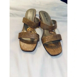 Carriage Court “Daphne” Tan Cork Wedge Sandals Size 9.5 Gold-Tone Embellishment